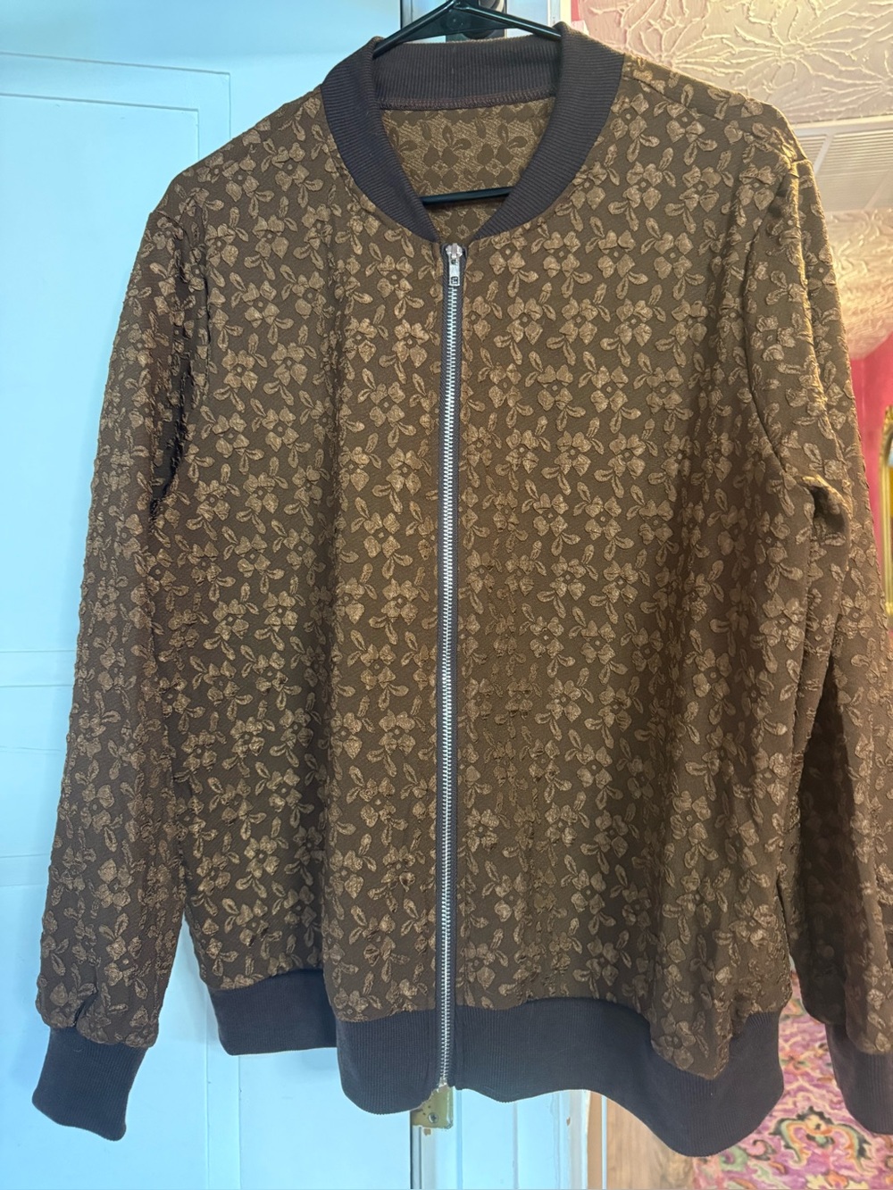 Brown Floral Jacquard Bomber Jacket